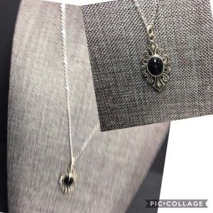 Scroll Pendant Long Necklace Black Oval Delicate Silver Chain Retro BoHo